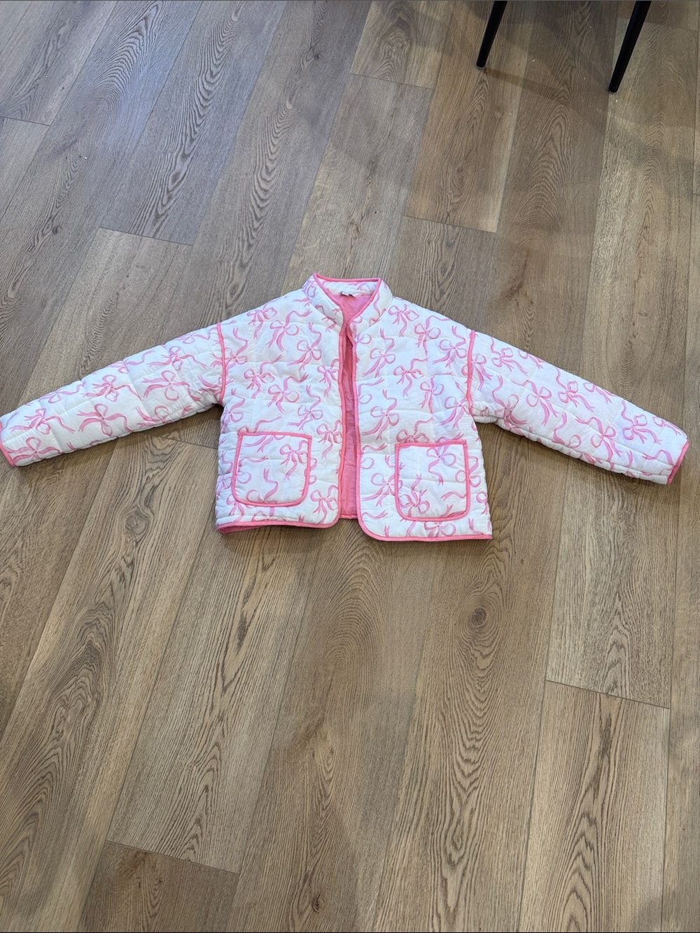 Mud Pie White Quilted Jacket with Pink Bow Print